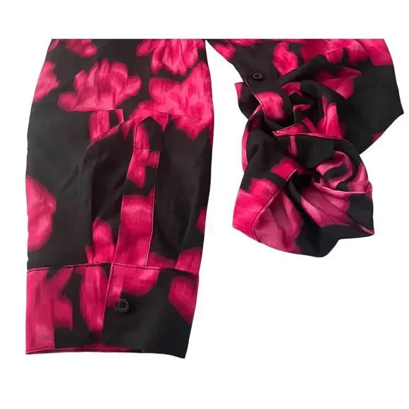 CALVIN KLEIN LONG SLV BUTTON UP V-NECK BLOUSE, WOMENS, XL-HOT PINK & BLACK ABSTR - Picture 7 of 12